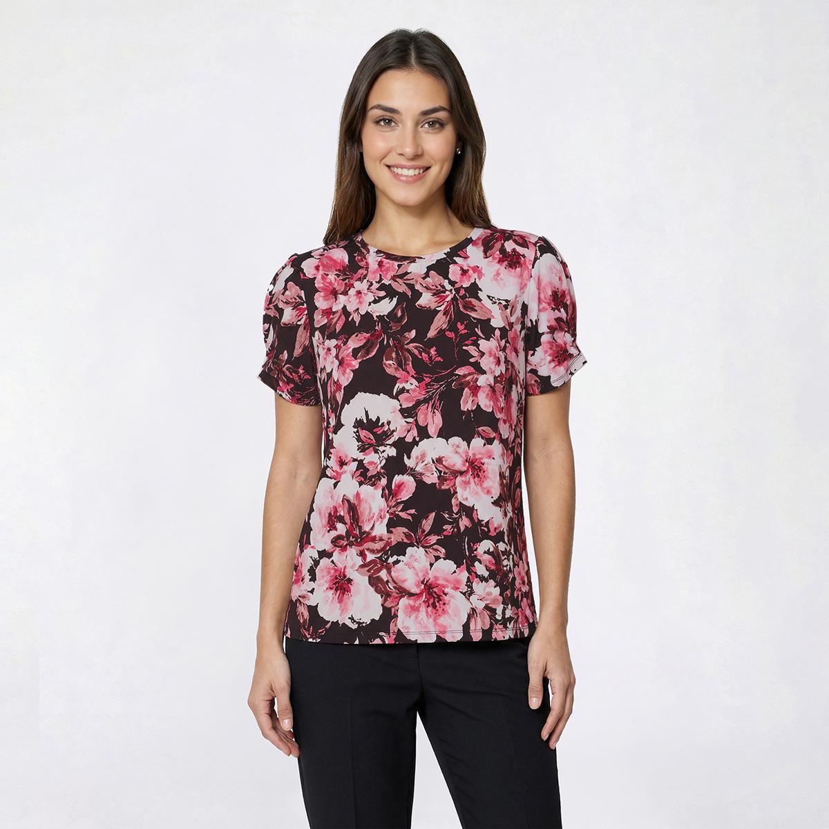Petite Anne Klein Short Pleated Sleeve Big Floral Blouse