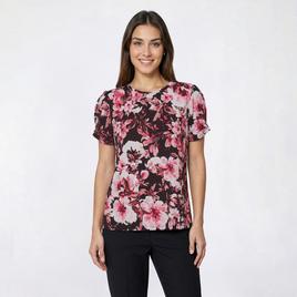 Petite Anne Klein Short Pleated Sleeve Big Floral Blouse