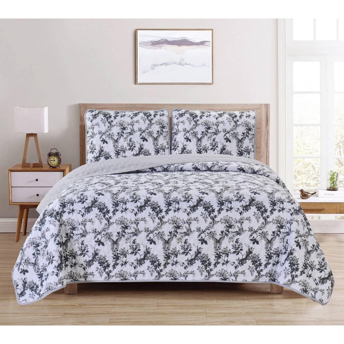 Dan River 3pc. Silver Floral Reversible Printed Quilt Set
