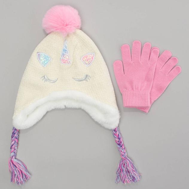 Girls Capelli® New York Unicorn Chenille Earflap Hat w/ Gloves