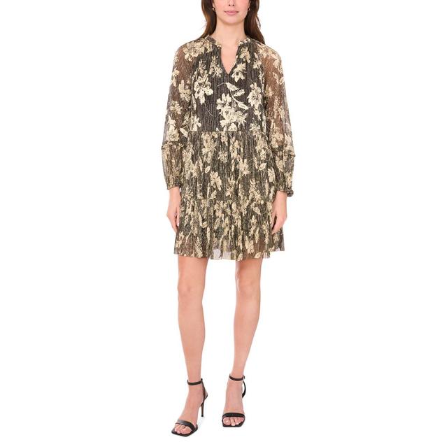 Womens MSK Long Sleeve Floral Crinkle A-Line Dress