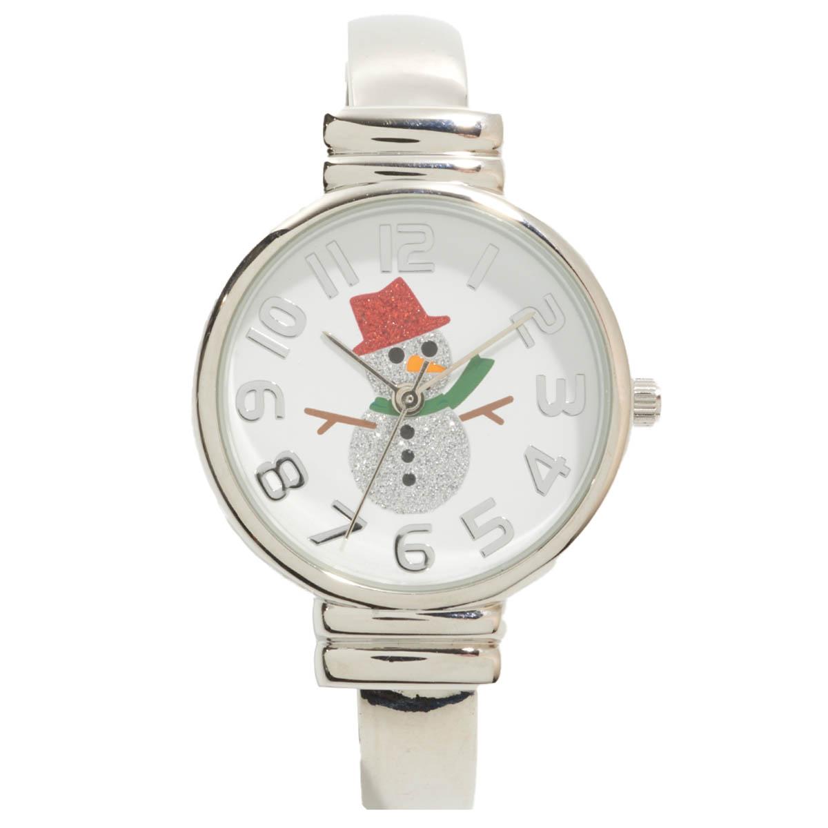 Silver-Tone Round Metal Bangle Watch W/Glitter Snowman - PT10165A