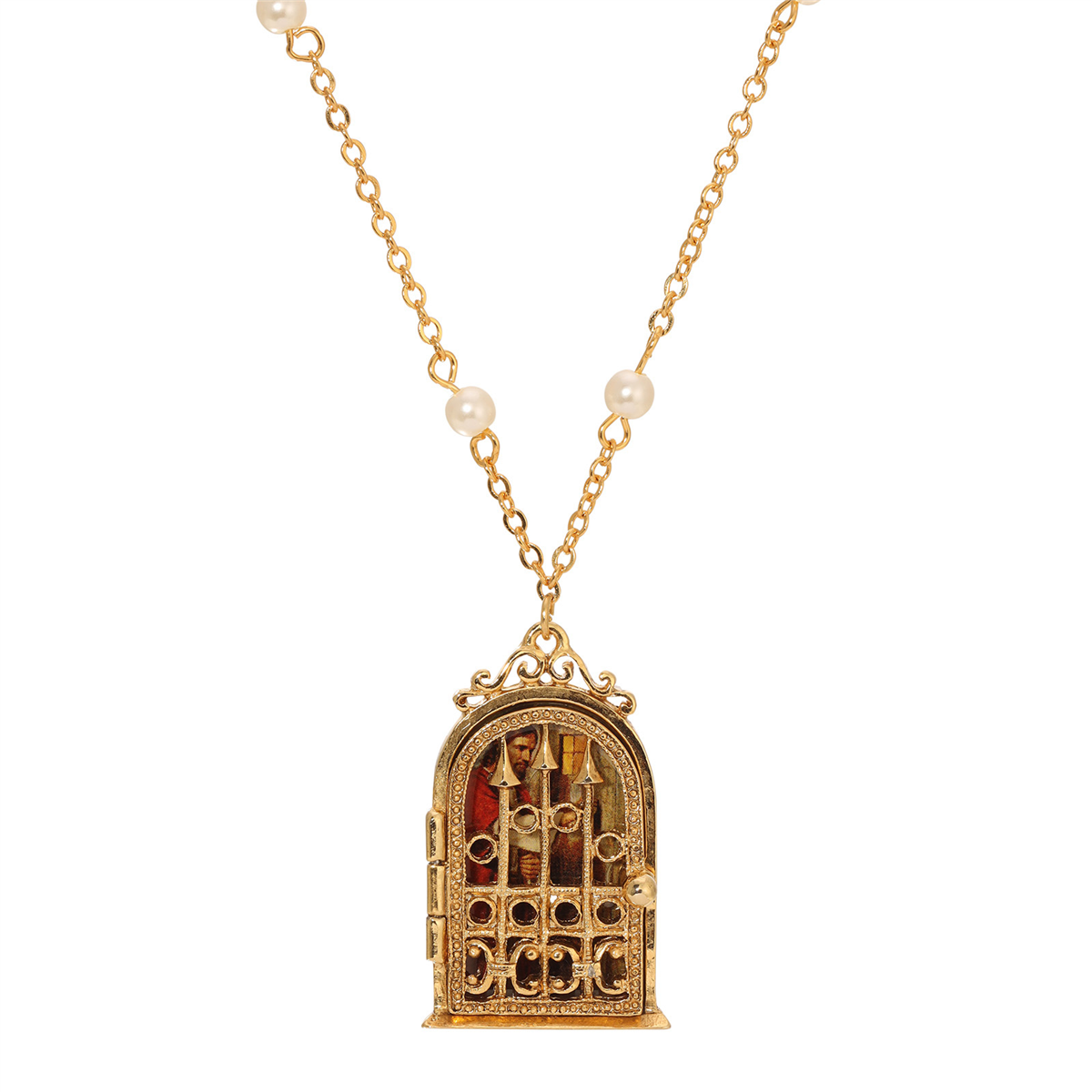 Symbols of Faith Gold Tone Jesus Locket Faux Pearl Necklace