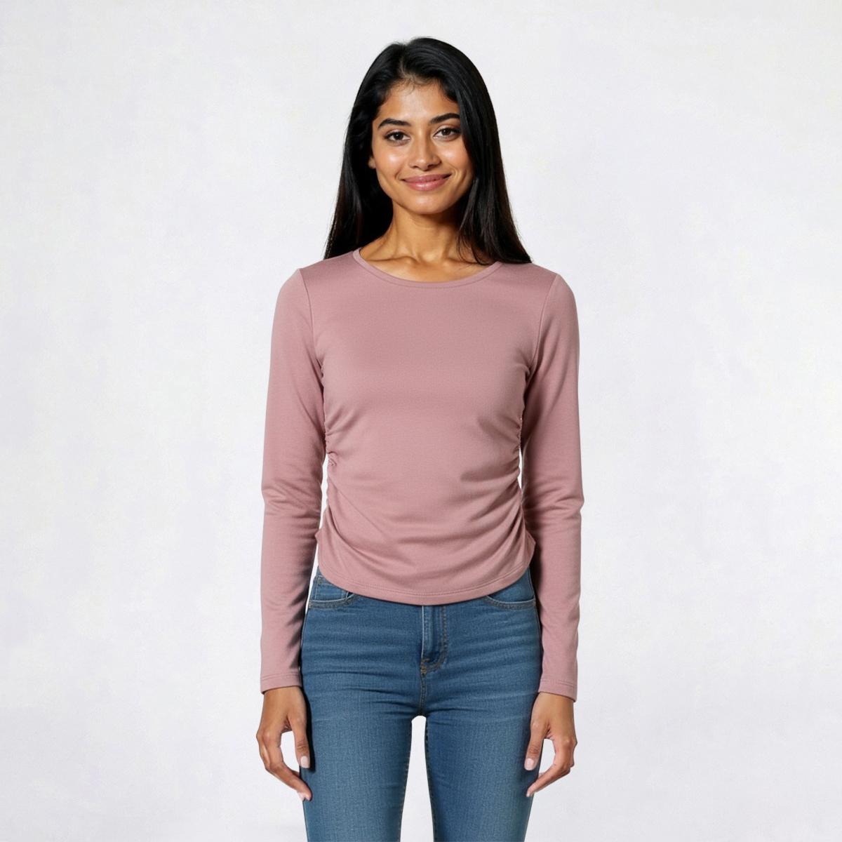 Juniors No Comment Fleece Lined Crew Neck Side Ruched Top
