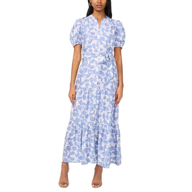 Womens MSK Puff Sleeve Floral Tie Waist Chiffon Maxi Dress