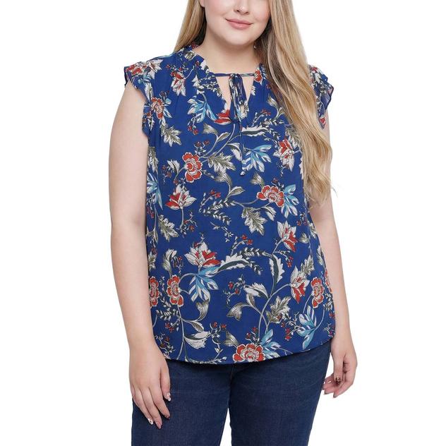 Plus Size NY Collection Cap Flutter Sleeve Floral Tie Neck Blouse
