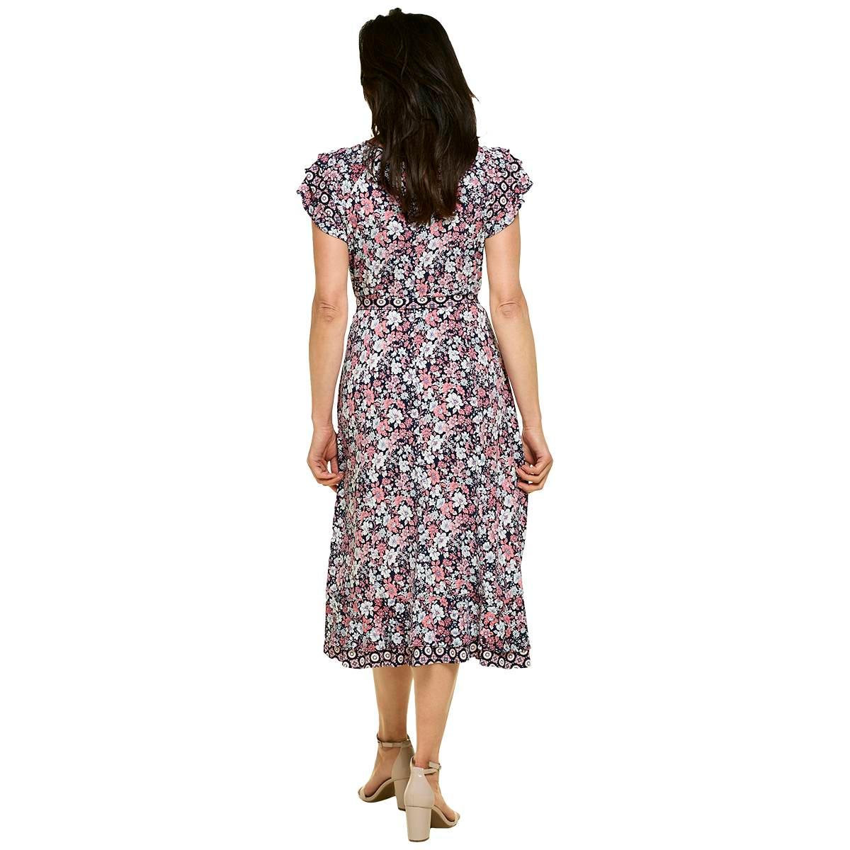 Womens Perceptions Short Sleeve Belted Floral Midi Dress