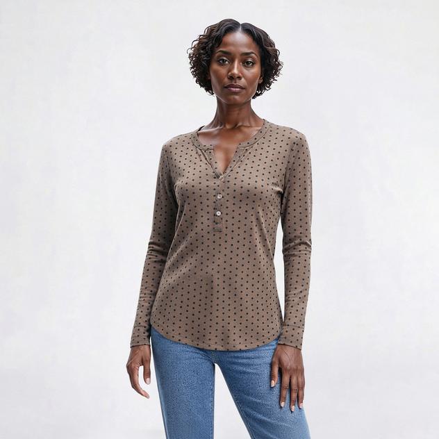 Petite Emily Daniels Long Sleeve Dot Hacci Henley Tee