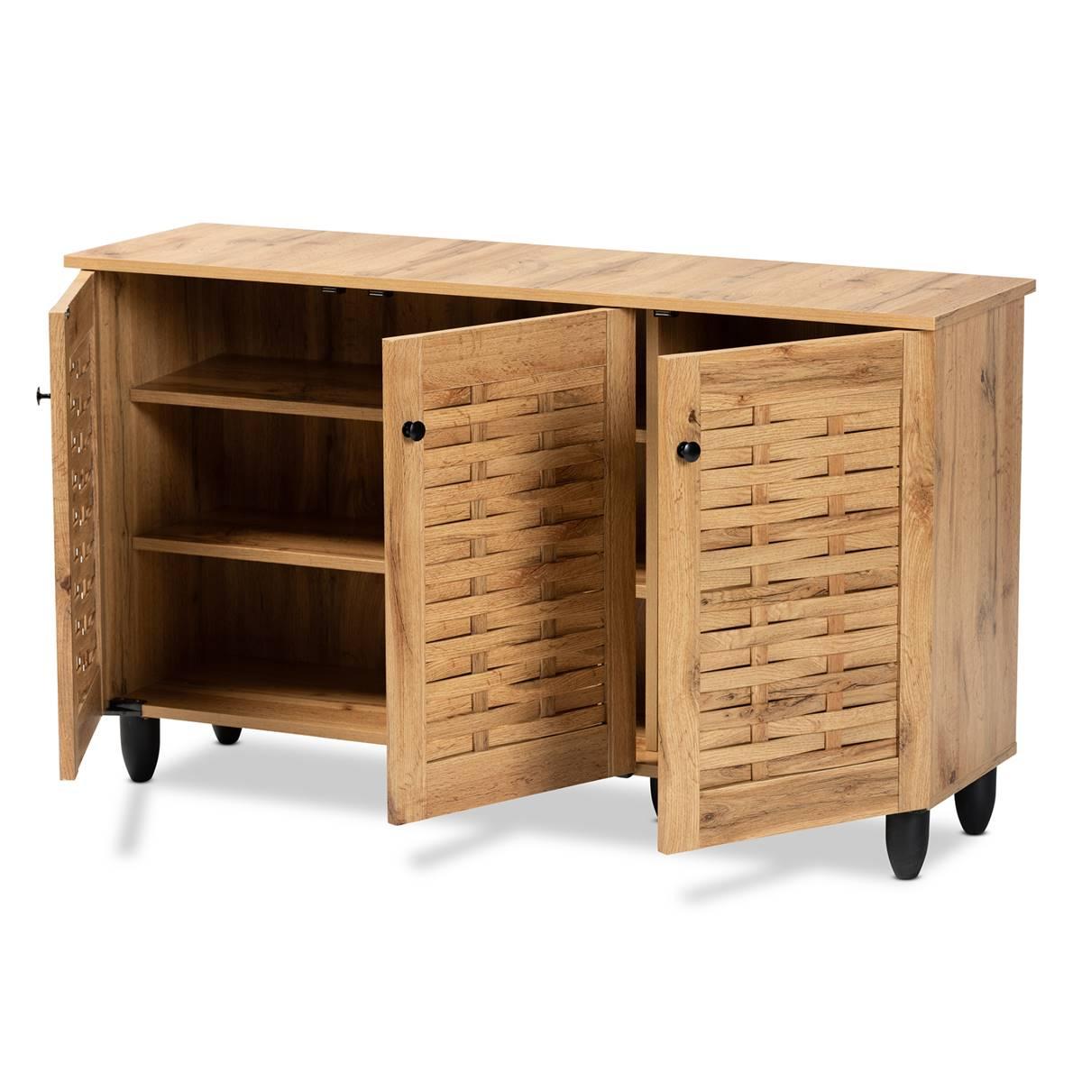 Baxton Studio Winda Oak Brown Wood 3-Door Shoe Cabinet