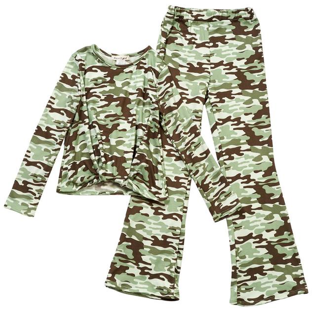 Girls (7-12) Dream Girl Camo Twist Front Top & Flare Leg Pant Set