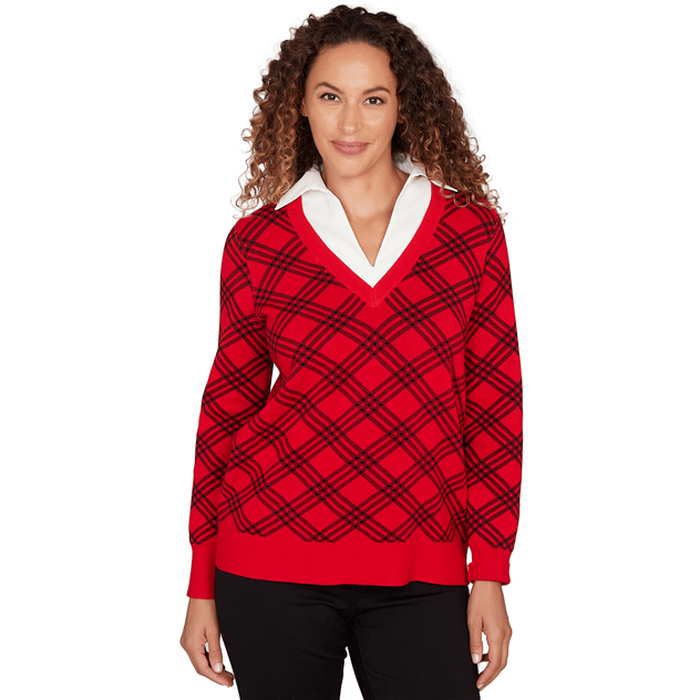 Petite Emaline Holiday Items Long Sleeve Two in One Plaid Sweater