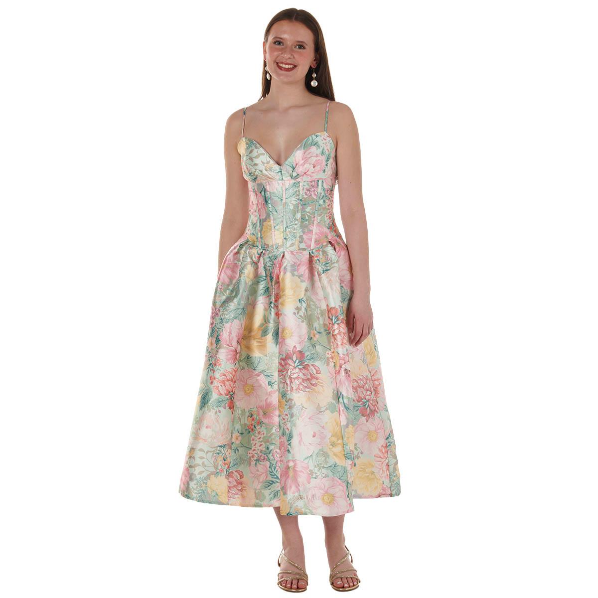 Juniors Emerald Sundae Floral Corset Box Pleat A-Line Dress