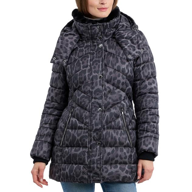 Womens London Fog Short Puffer Coat with Faux Fur Club Collar