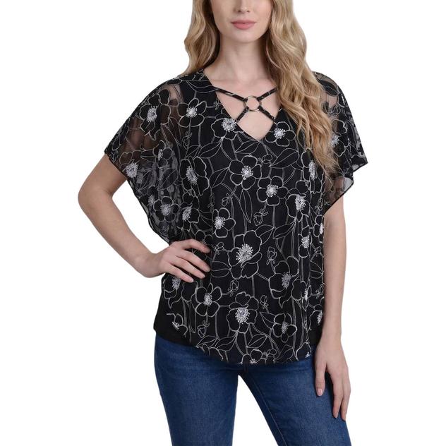 Petite NY Collection Floral Keyhole Neck Burnout Poncho Blouse
