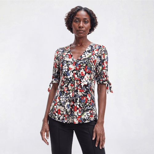 Petite AK Anne Klein Tie Sleeve Button Front V-Neck Floral Blouse