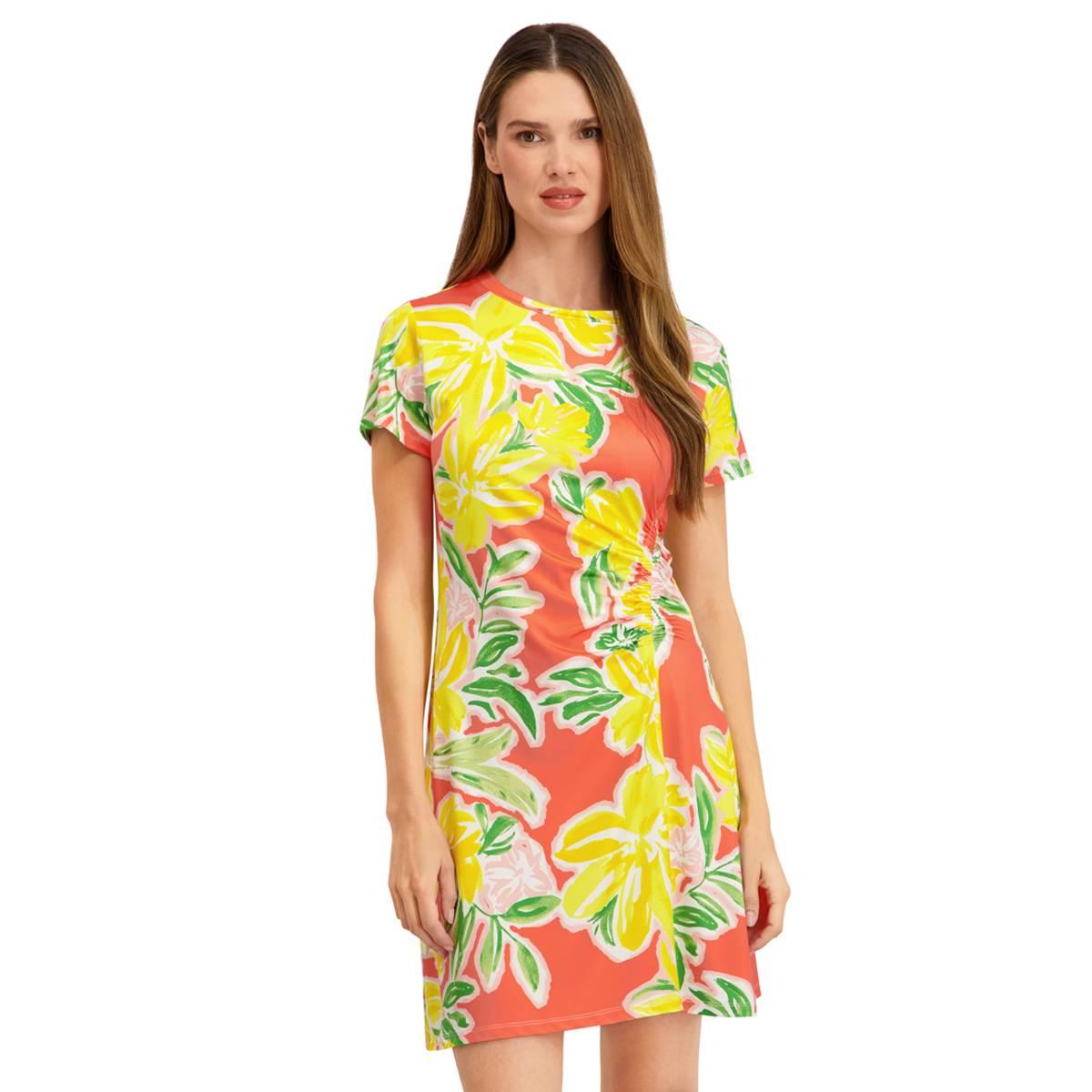 Womens Stella Parker Short Sleeve Print Ruched Side Dress