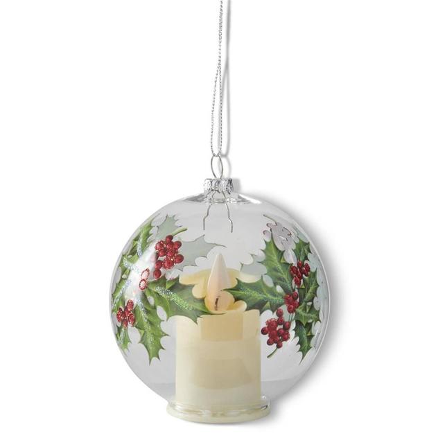 K&K Interiors 4x4 LED Clear Glass Christmas Ornament w/ Holly