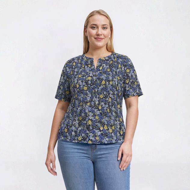 Plus Size Napa Valley Short Sleeve Floral Pleat Henley Blouse