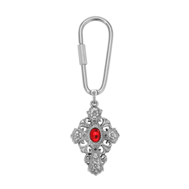 Symbols of Faith Silver Tone Cross Oval Red Stone Key Chain