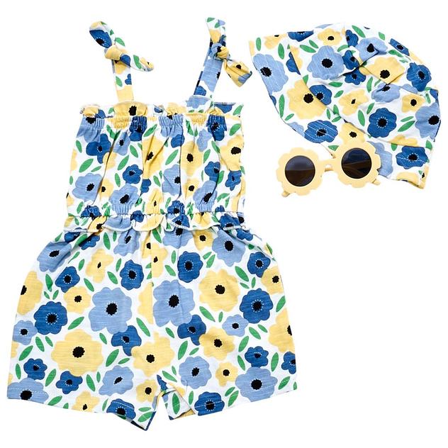 Toddler Girl Pink Lemonade 3pc. Flower Romper w/ Hat & Sunglasses