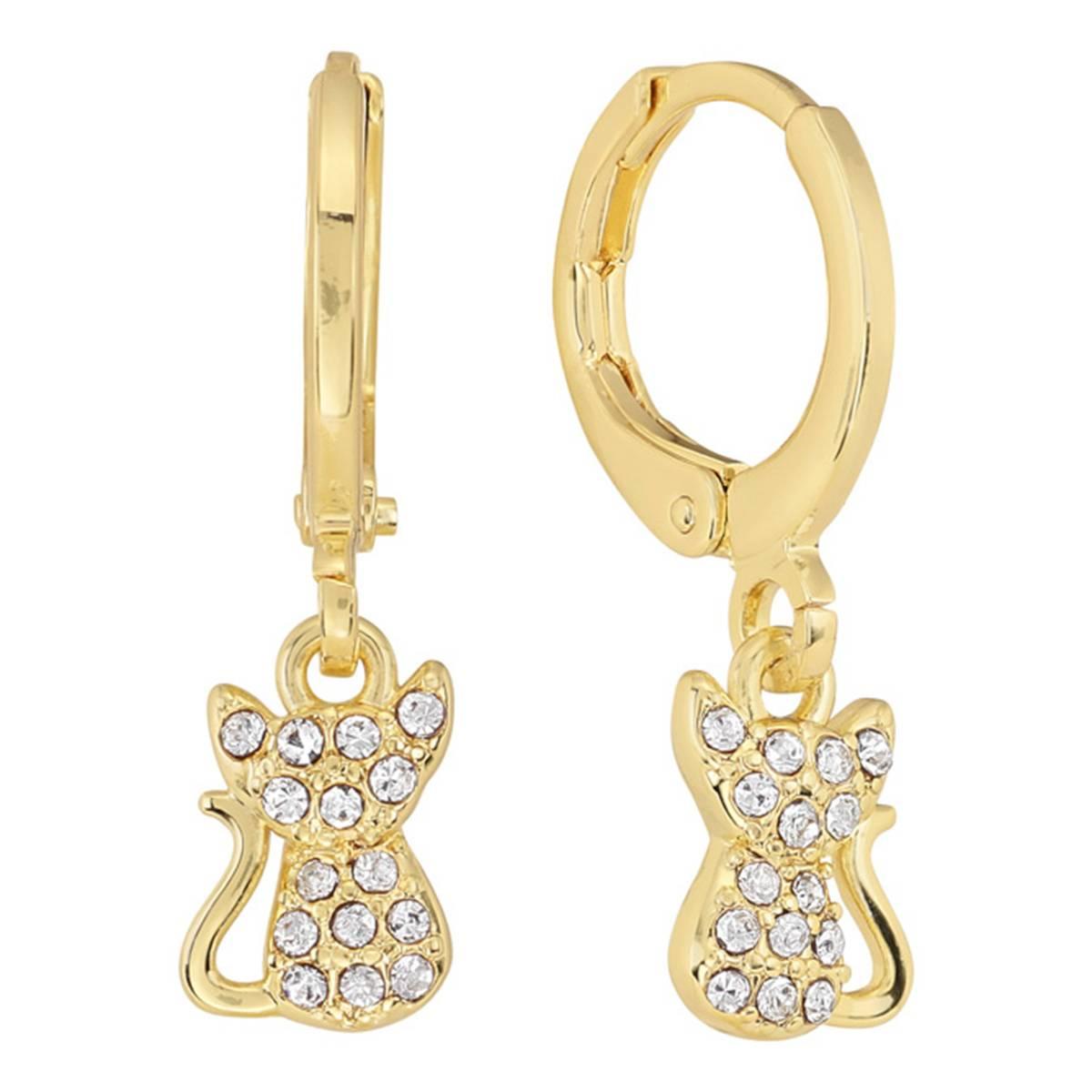 Athra 14kt. Gold Over Brass Crystal Cat Huggie Hoop Drop Earrings