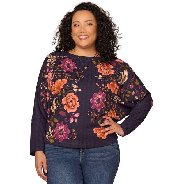 Plus Size Democracy Long Sleeve Boat Neck Floral Sweater