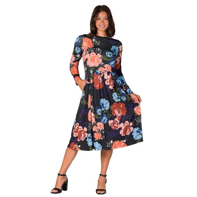 Womens 24/7 Comfort Apparel Black Floral Fit & Flare Pocket Dress