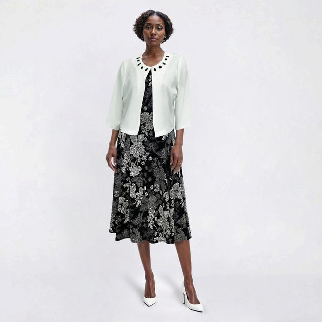 Womens Perceptions Beaded Trim Floral Fit & Flt Jacket Dress