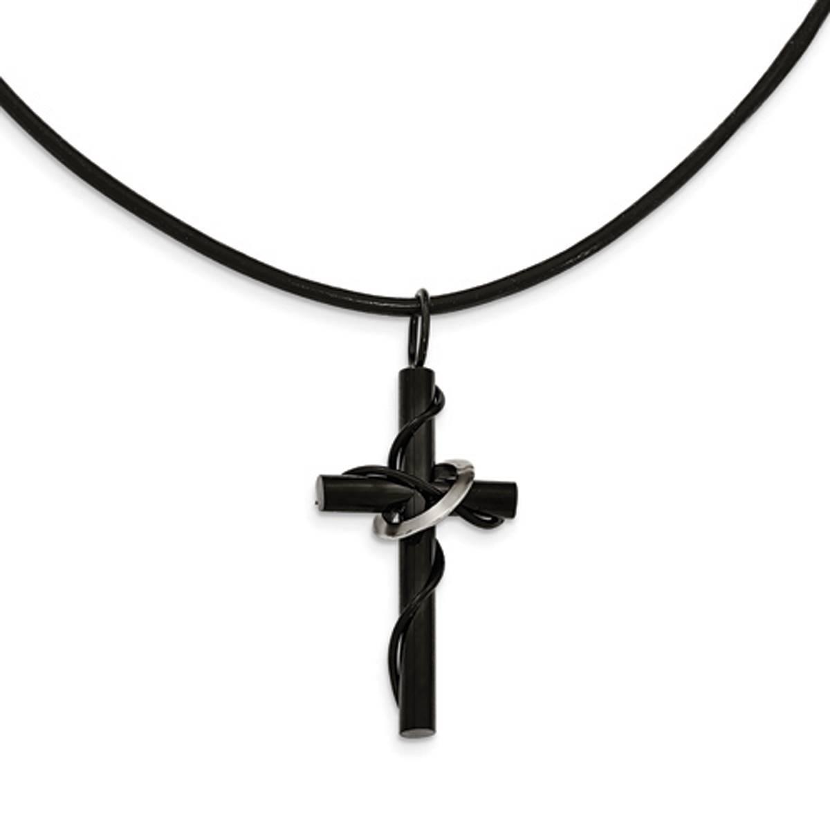 Mens Gentlemen's Classics(tm) Leather Cord Black Cross Necklace