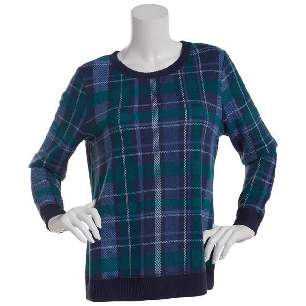 Petite Emily Daniels Texture Plaid Hacci Crew Neck Sweater