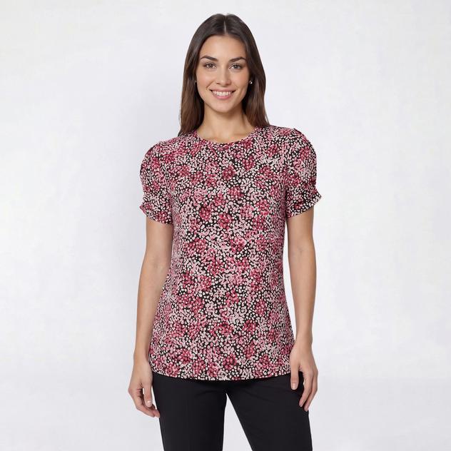 Petite AK Anne Klein Short Pleat Sleeve Abstract Dot Blouse