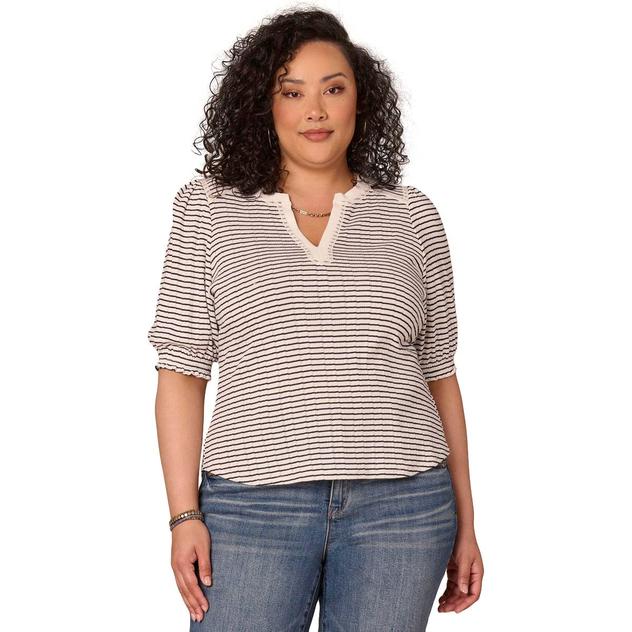 Plus Size Democracy Elbow Puff Sleeve Split Neck Stripe Blouse