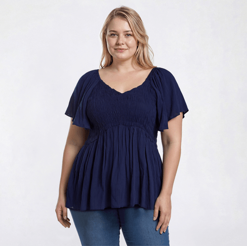 Juniors Plus Angie Solid Smock V Front Peasant Top