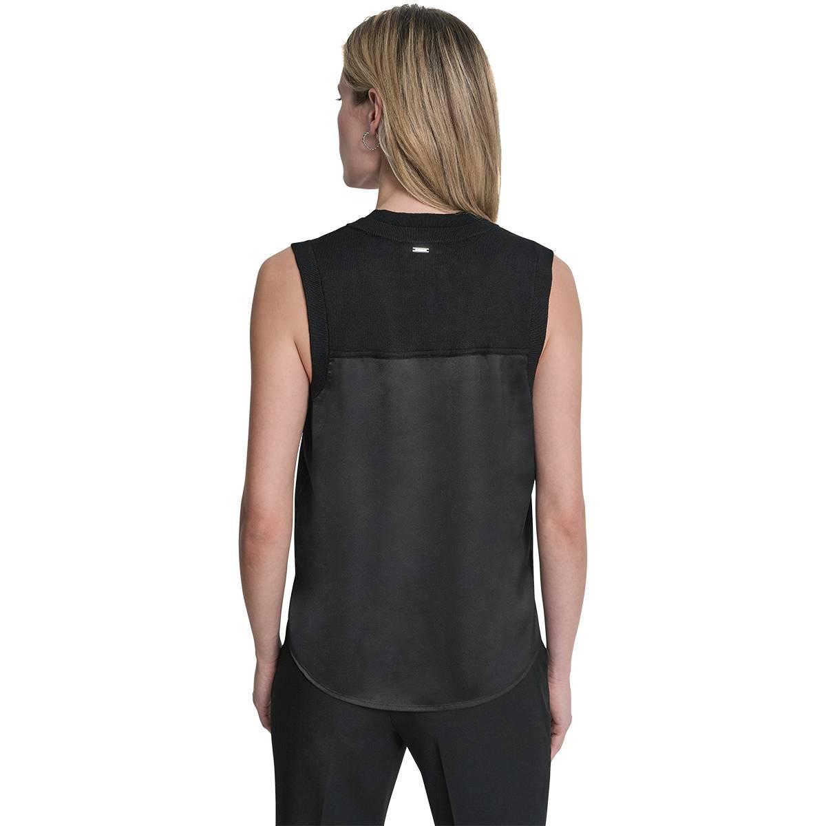 Womens DKNY Ribbed Double V Neck Black Solid Tank Top