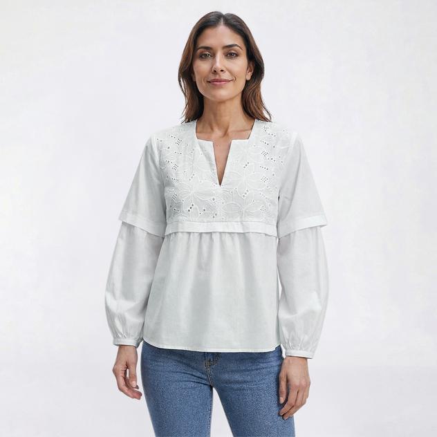 Womens Nicole Miller Long Sleeve Split Neck Eyelet Blouse