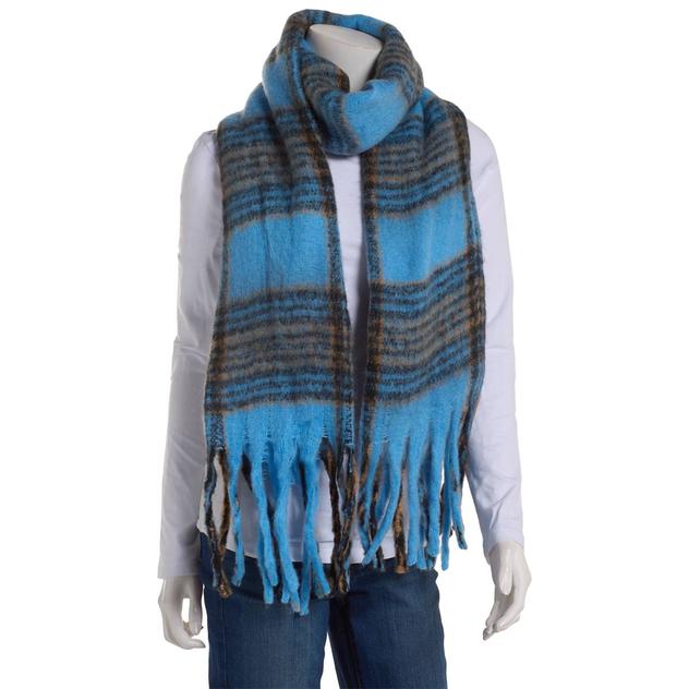 Womens Renshun Plaid Blanket Scarf w/ Noodle Fringes - Blue/Brown
