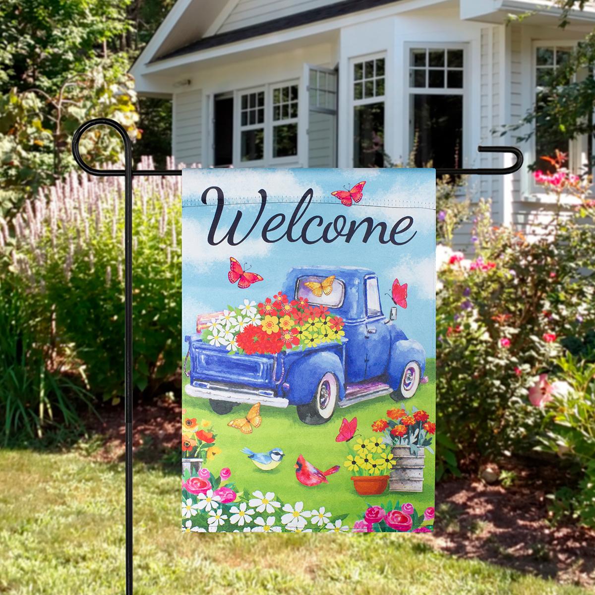 Northlight Seasonal Welcome Blue Pickup Truck with Flowers Flag