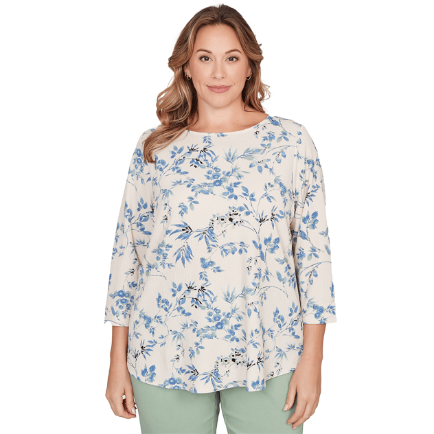 Plus Size Emaline Key Items 3/4 Sleeve Pebble Knit Floral Tee