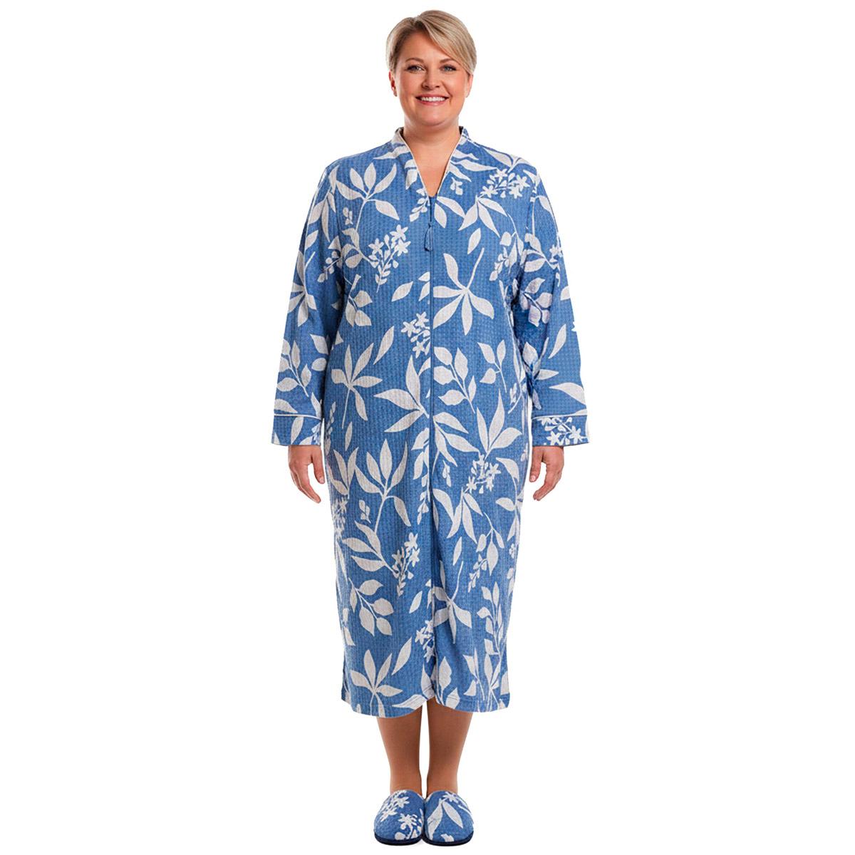 Plus Size Jasmine Rose Long Sleeve Leaves Houndstooth Zip Robe
