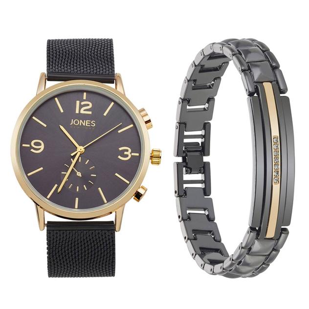 Mens Jones New York Black Dial Watch/Bracelet Set - 9780G-42-G02
