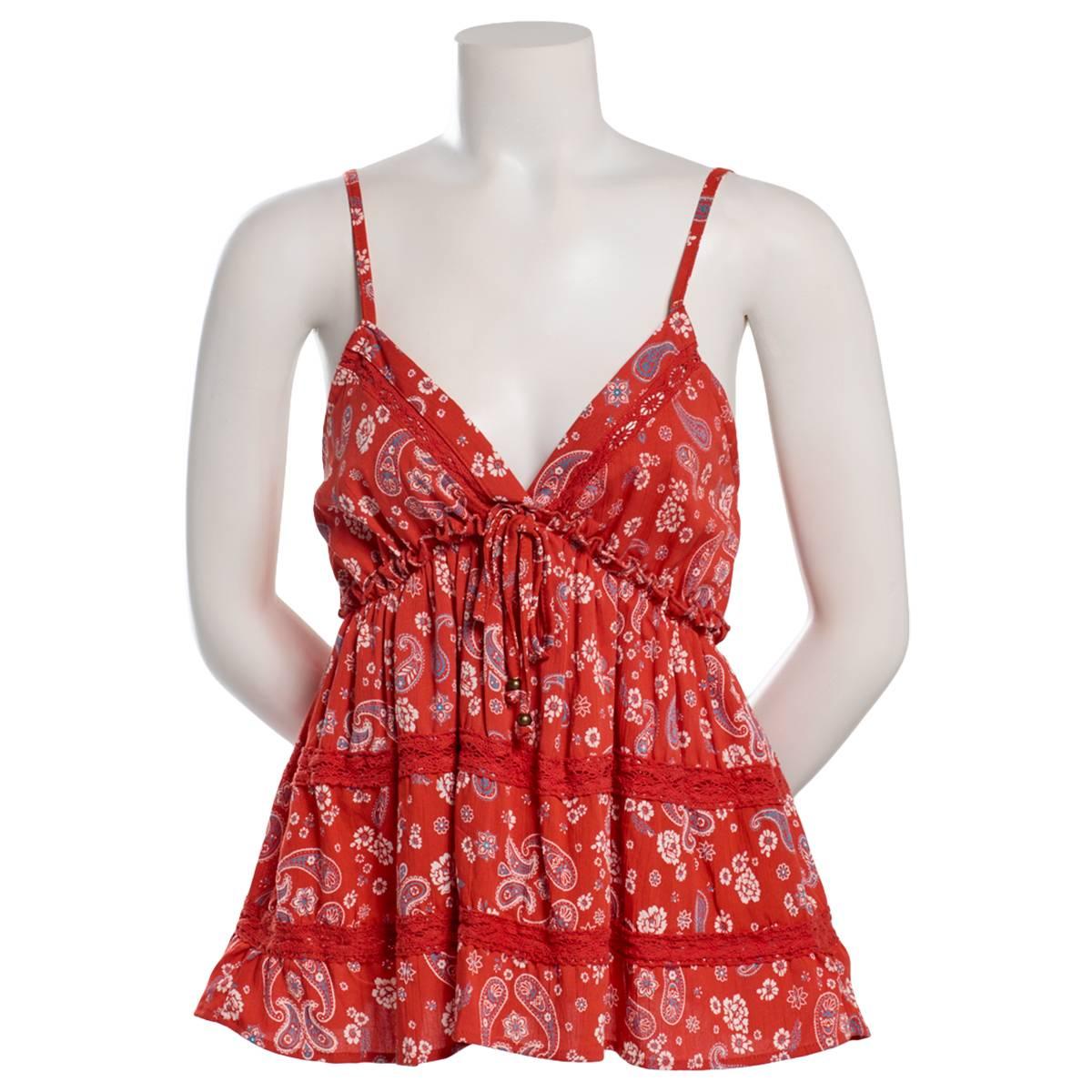 Juniors Angie Print Paisley Crochet Insert Babydoll Tank Top
