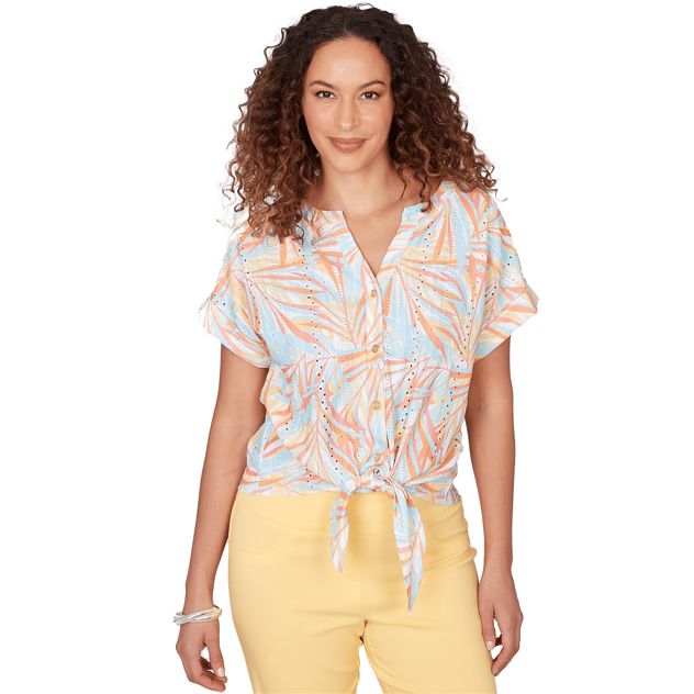 Womens Hearts of Palm Fun in the Sun Leaf Tie Front Blouse