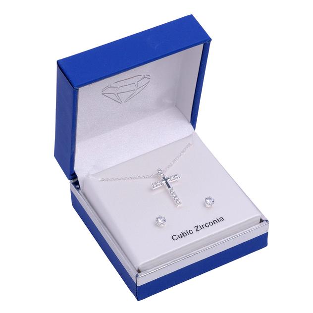 Silver-Tone CZ Cross Pendant Necklace and Stud Earrings Set