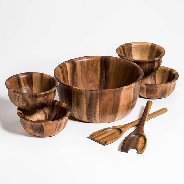 Kalmar Home Acacia Wood Flared Edge 7pc. Salad Bowl Set