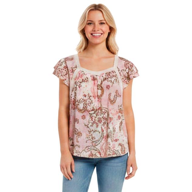 Womens Absolutely Famous Short Flutter Sleeve Square Neck Blouse