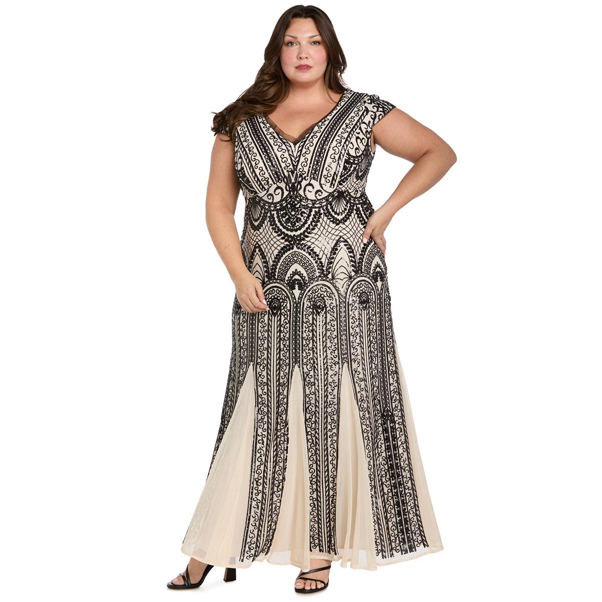 Plus Size R & M Richards Cap Sleeve V Neck Two Tone Beaded Gown