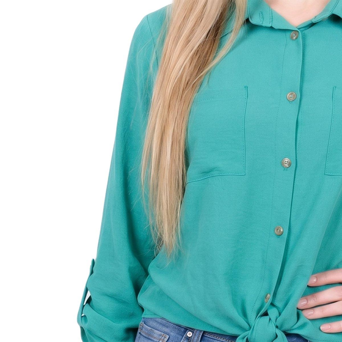 Womens NY Collection 3/4 Sleeve Roll Tab Casual Button Down