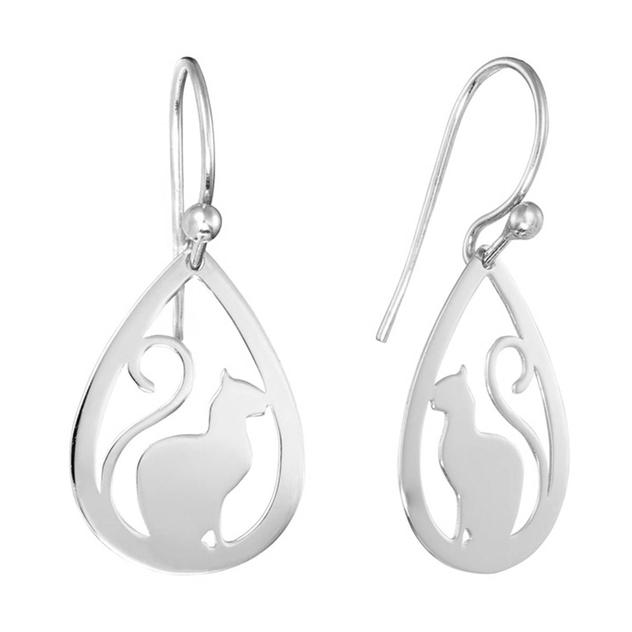 Athra Sterling Silver Laser Cut Cat Teardrop Drop Earrings