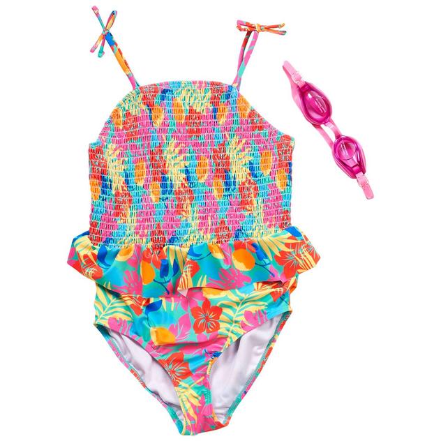 Girls (7-12) Be Magical One Piece Floral Swimsuit w/ Goggles