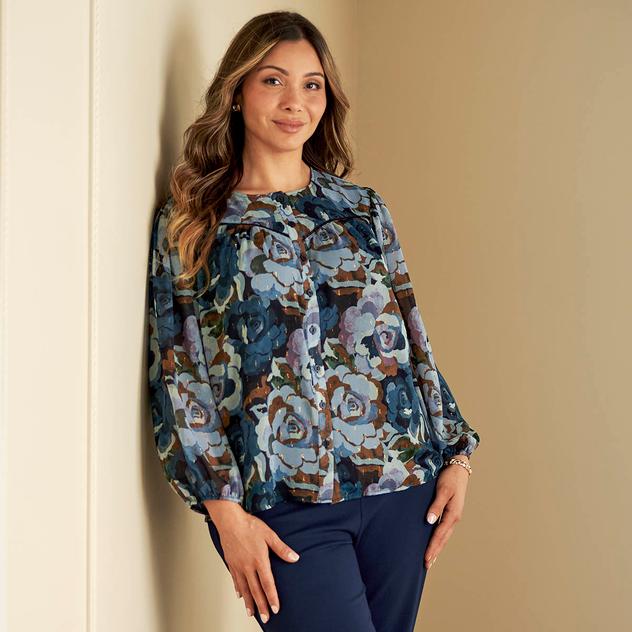 Plus Size Zac & Rachel Long Sleeve Floral Pleat Blouse